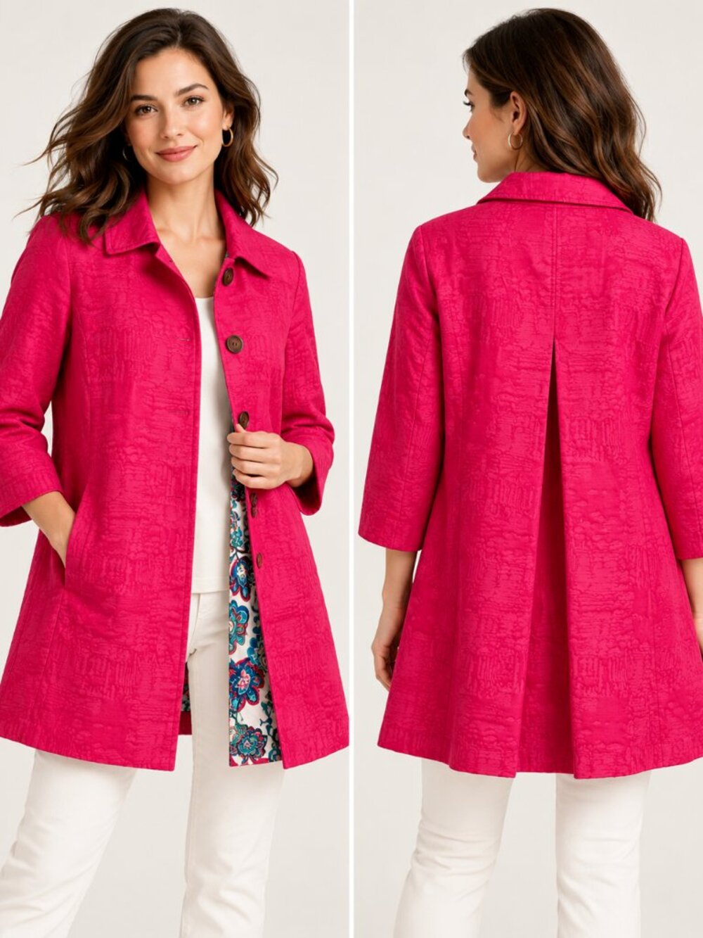 Chico's Size 1 Pink Texture Jacket 3/4 Sleeve Floral Lining